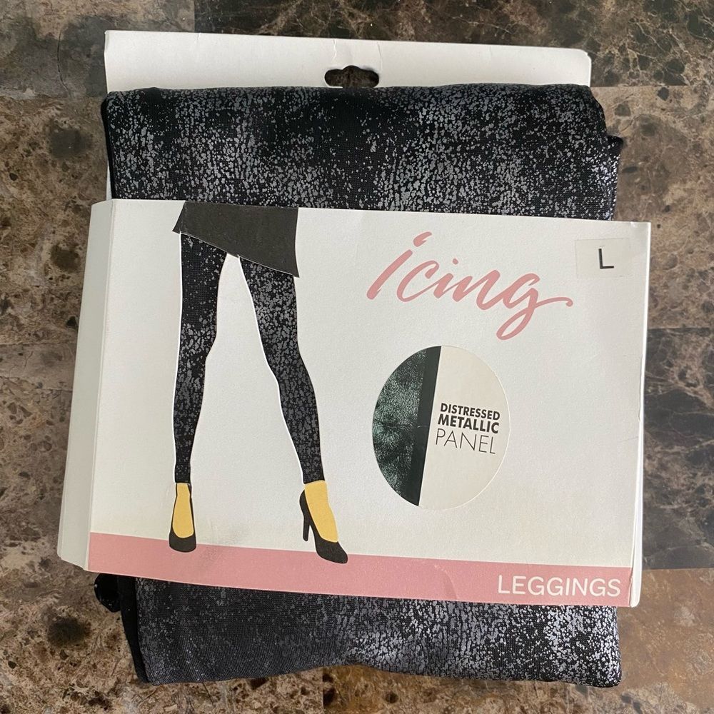 Icing Leggings Women’s L (8-10) Distressed Metallic Front Panel Casualwear New